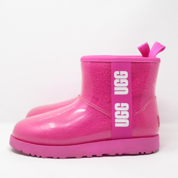 UGG Classic Clear Rubber Mini Boot Pink Womens Size 7 Rubber Sheepskin Lined - Picture 5 of 10